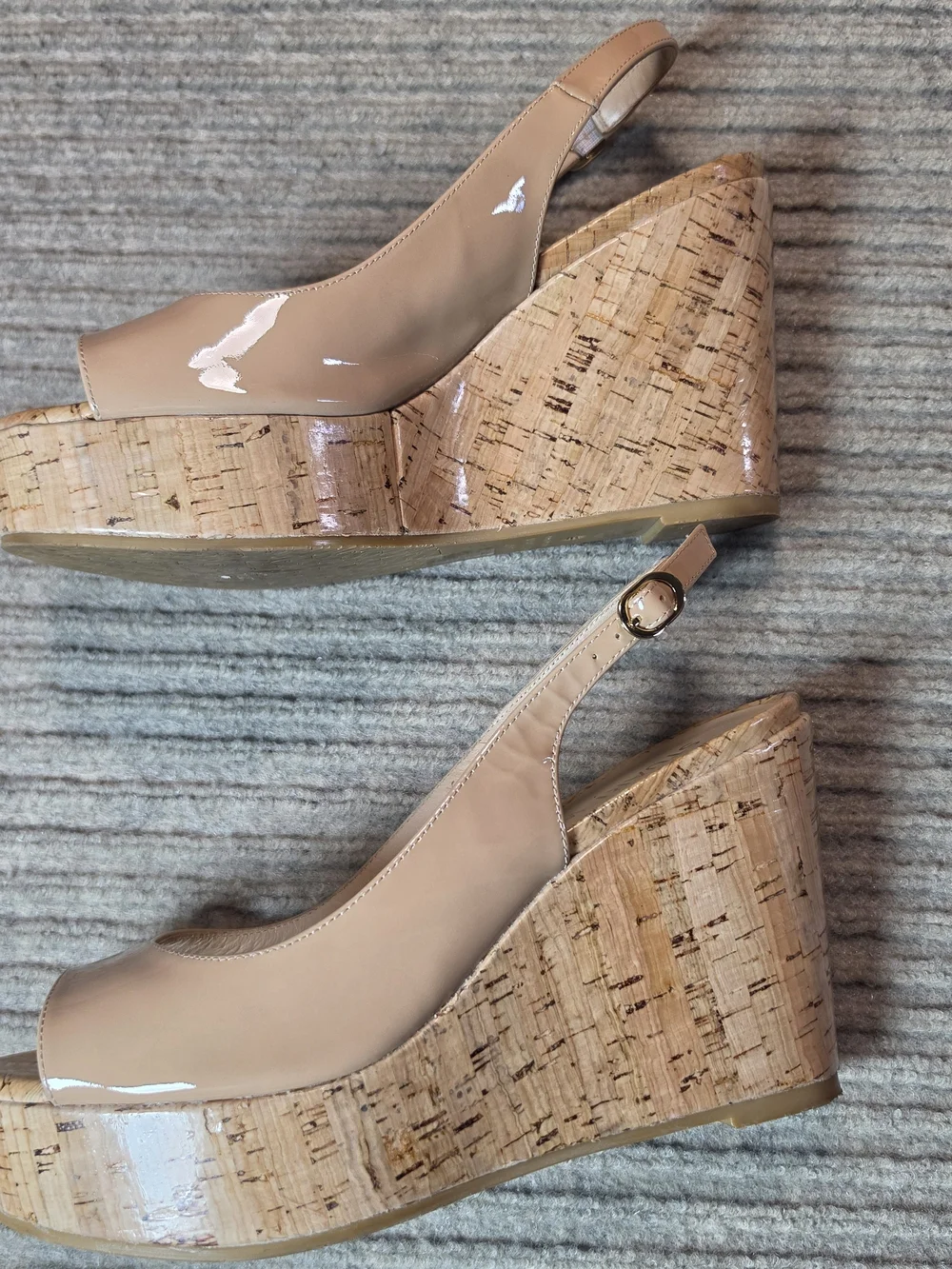 Stuart Weitzman peep toe wedge heels nude shiny cork, size 8.5, 3.5